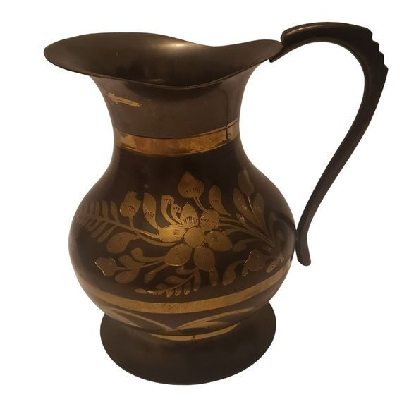 Solid Brass Pitcher Ferns Flowers Handmade Painted Etched India ‎ Vintage 7.5in